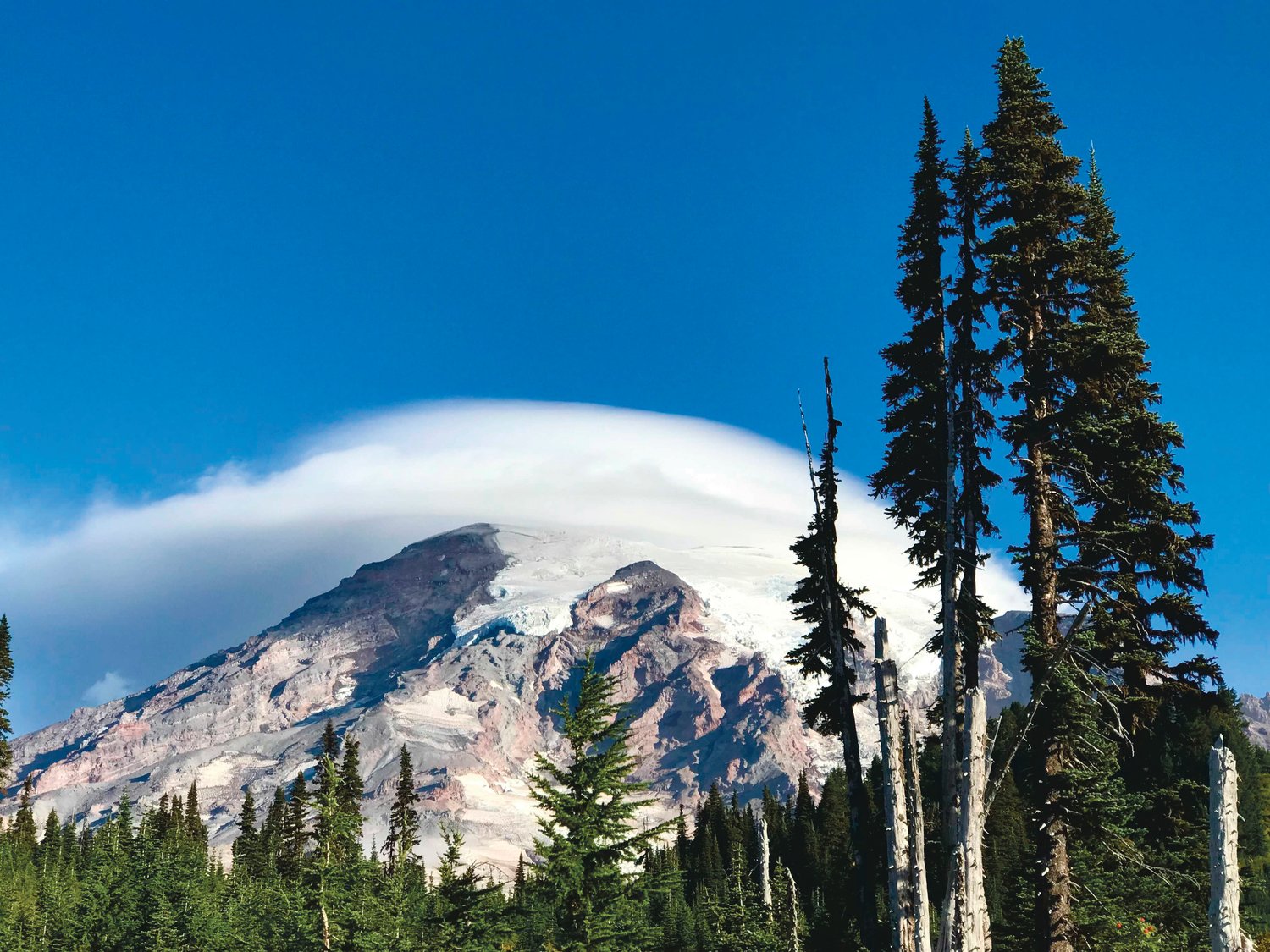 Clouds form over Mount Rainier in this photograph taken from the Golden Gate Trail at Paradise in Mount Rainier National Parl last weekend.
